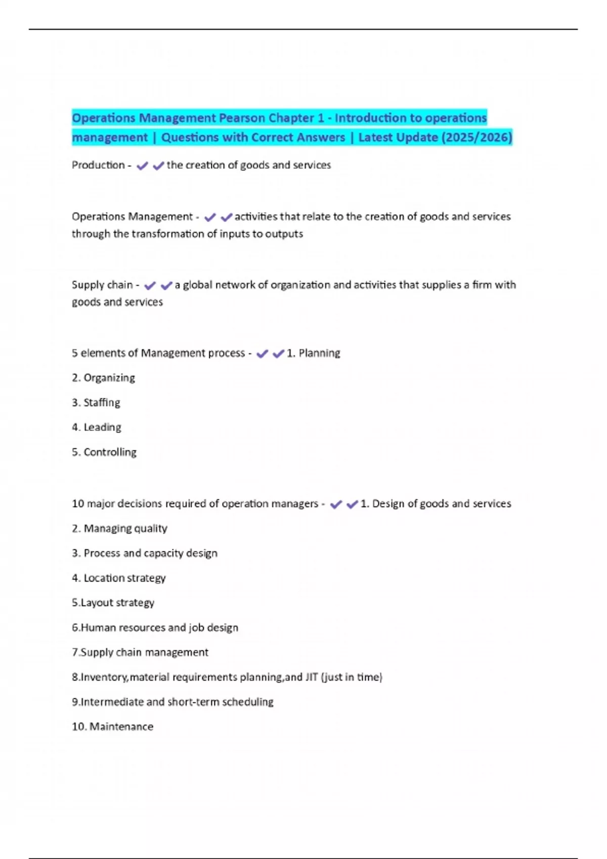 Operations Management Pearson Chapter 1 - Introduction to operations ...