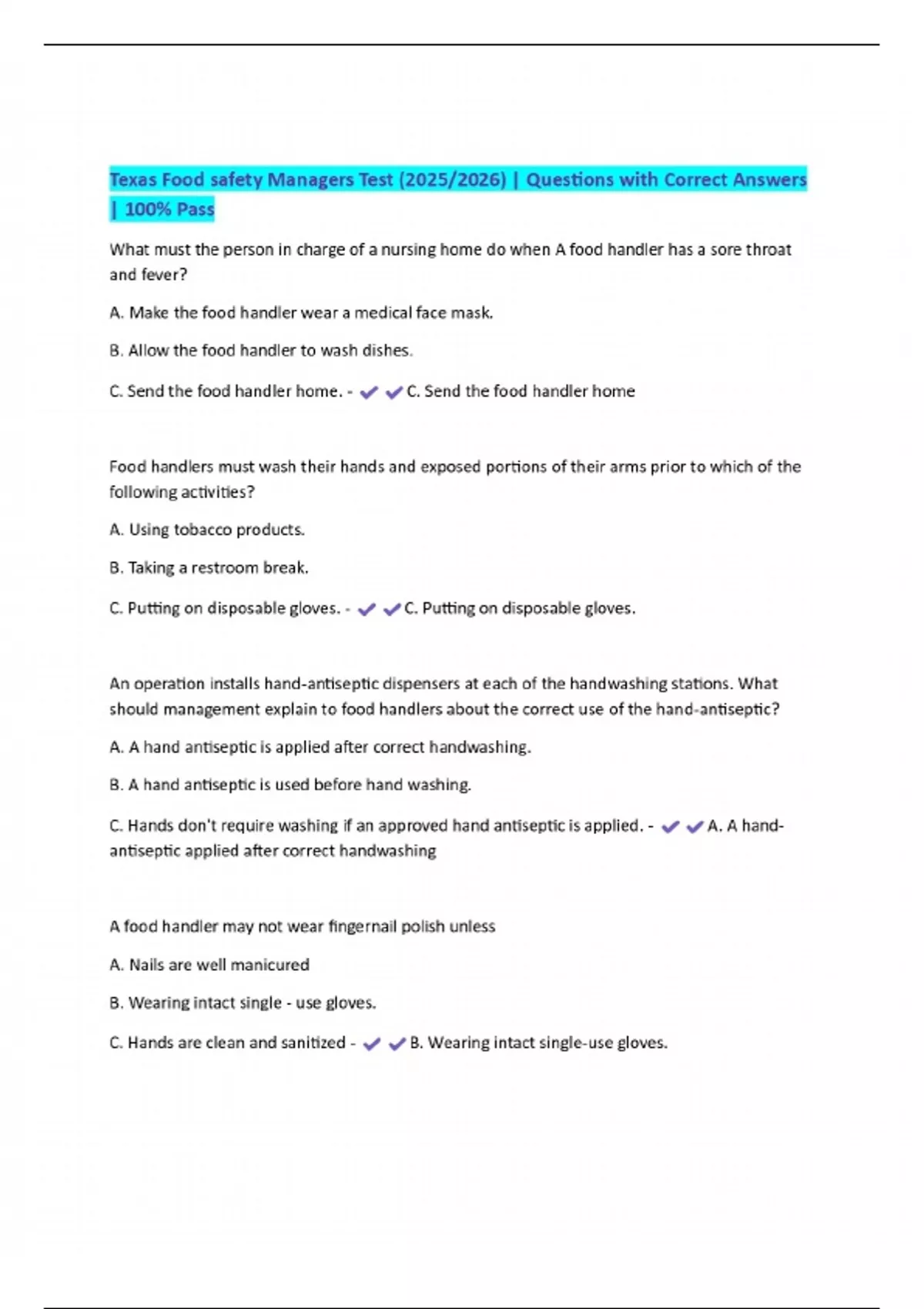 Texas Food safety Managers Test (2025/2026) | Questions with Correct ...