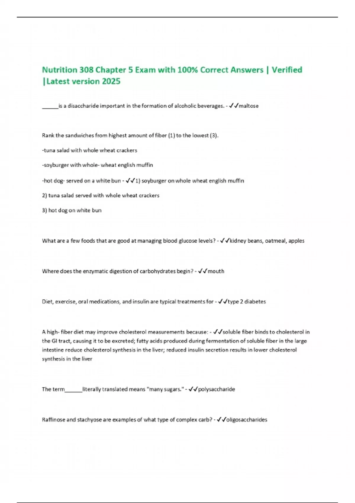 Nutrition 308 Chapter 5 Exam with 100% Correct Answers | Verified ...
