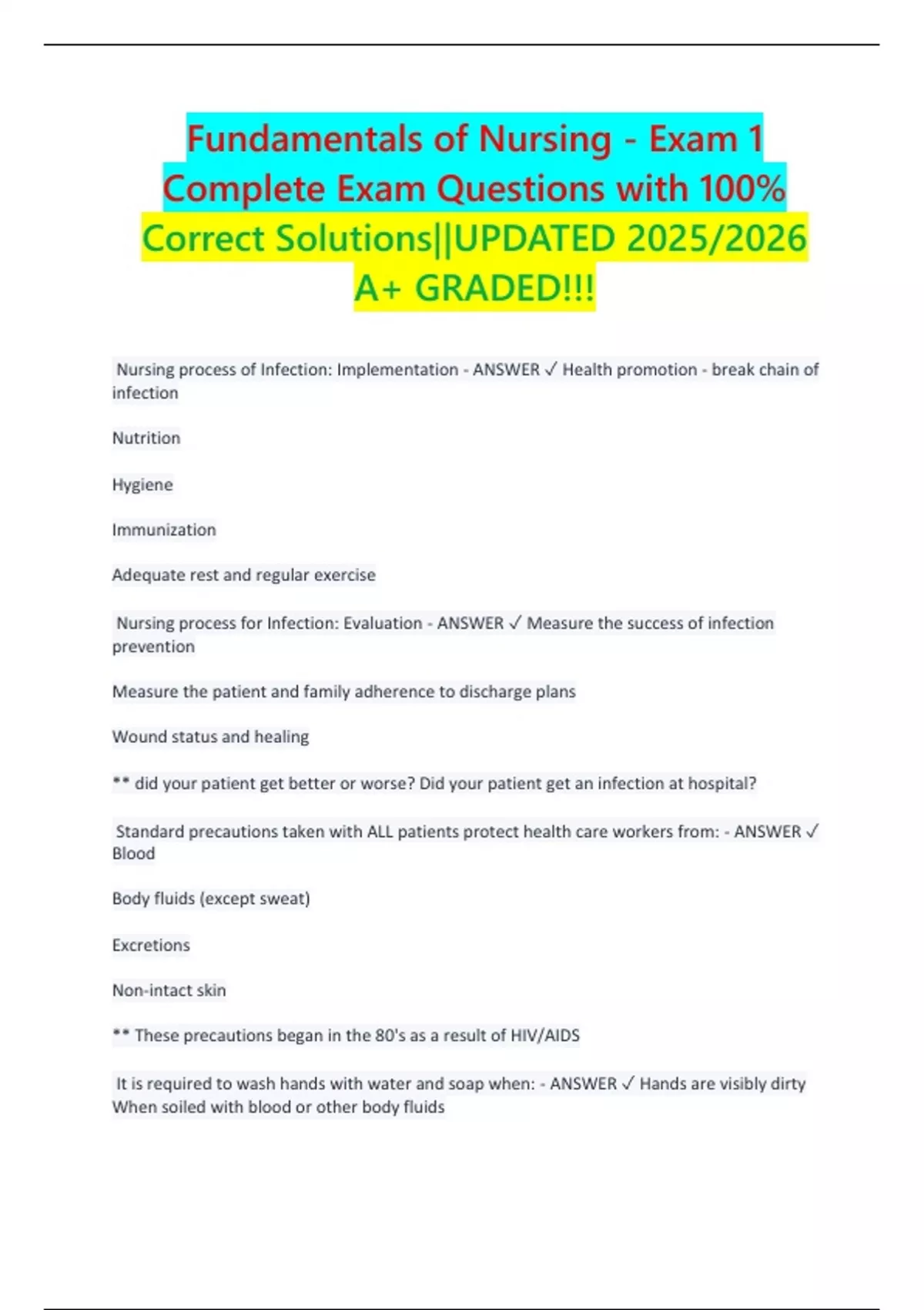 Fundamentals of Nursing - Exam 1 Complete Exam Questions with 100% ...