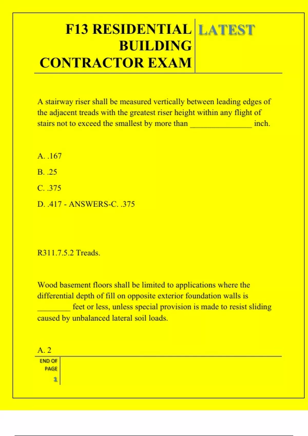 F13 RESIDENTIAL BUILDING CONTRACTOR EXAM QUESTIONS AND ANSWERS 2025 ...
