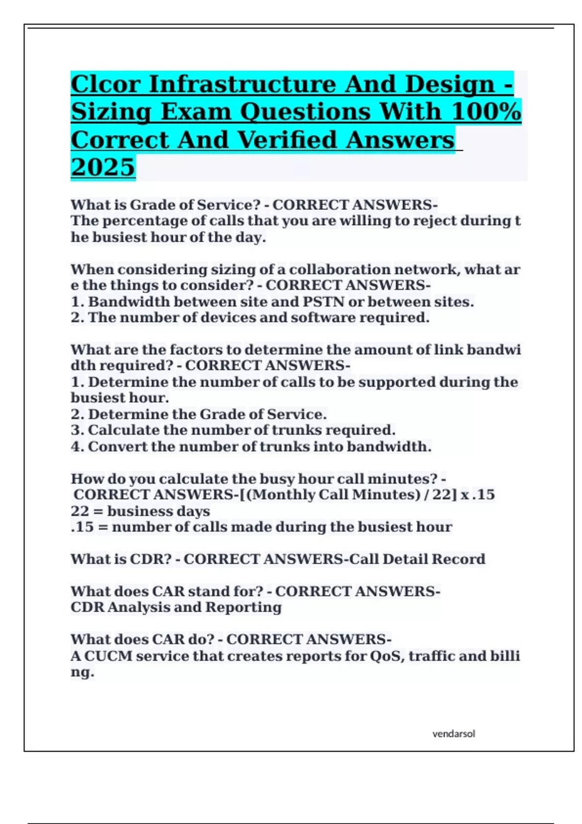 Clcor Infrastructure And Design -Sizing Exam Questions With 100% Correct And Verified Answers ...