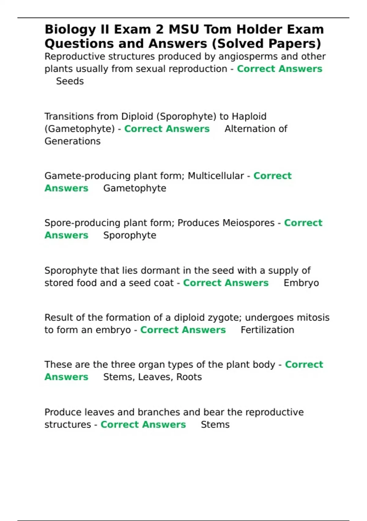 Biology II Exam 2 MSU Tom Holder Exam Questions and Answers (Solved ...