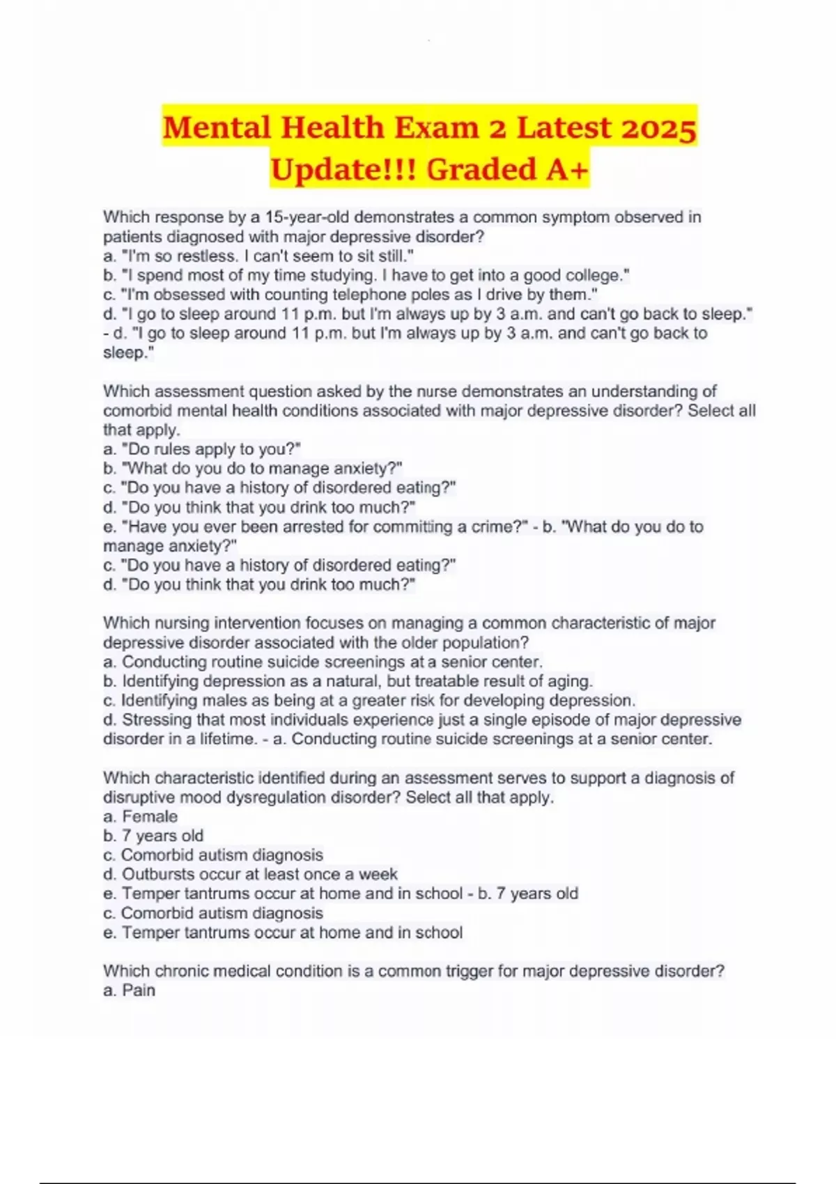 Mental Health Nursing – Exam 2 Quizlet Practice | 2025 Update | High ...