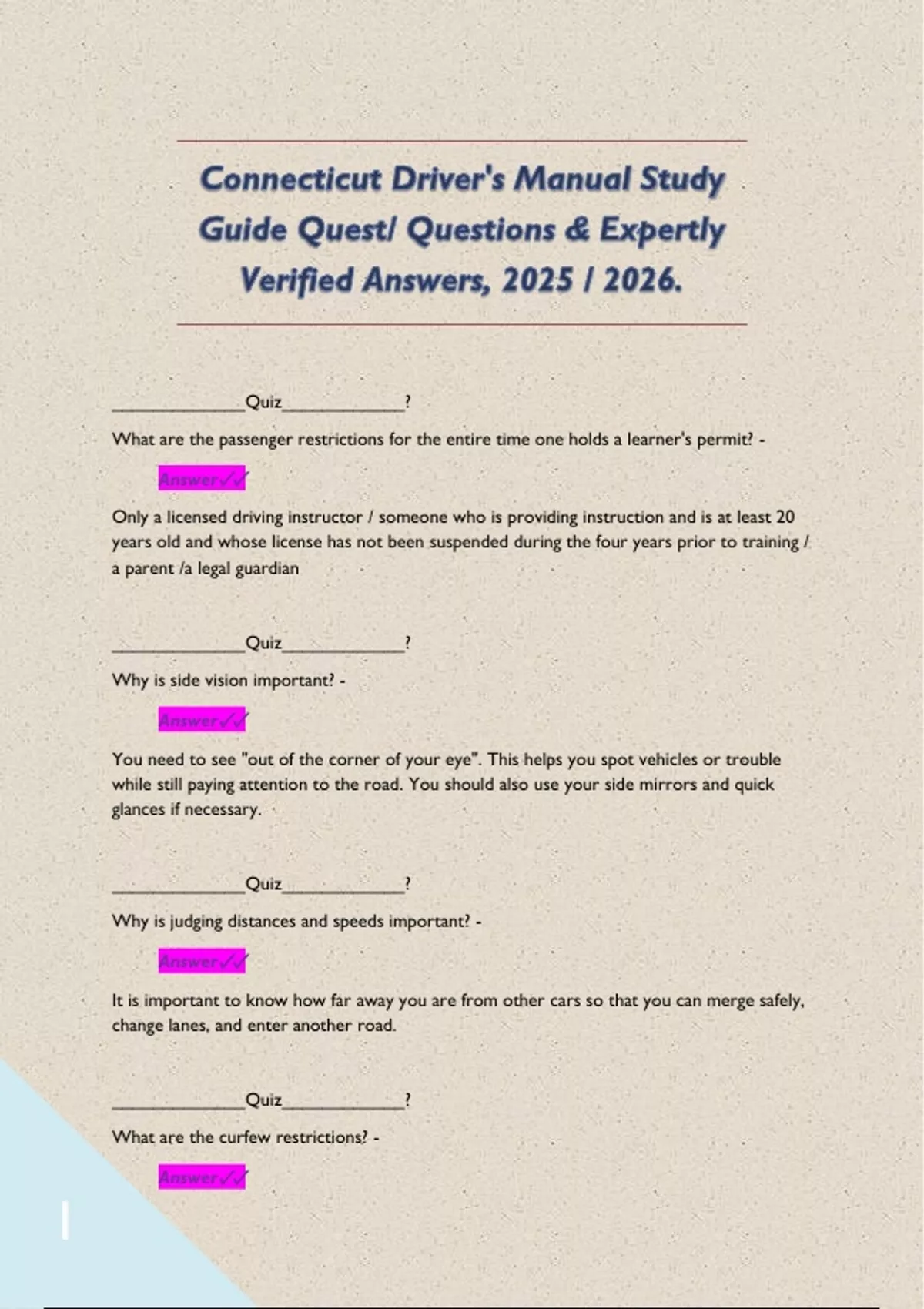 Ct Permit Test Study Guide Connecticut Driver's Manual Study Guide Quest/ Questions & Expertly ...