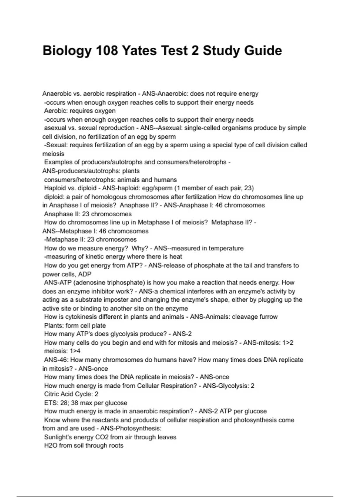 Biology 108 Yates Test 2 Study Guide NEWEST 2025/2026 ACTUAL EXAM ...