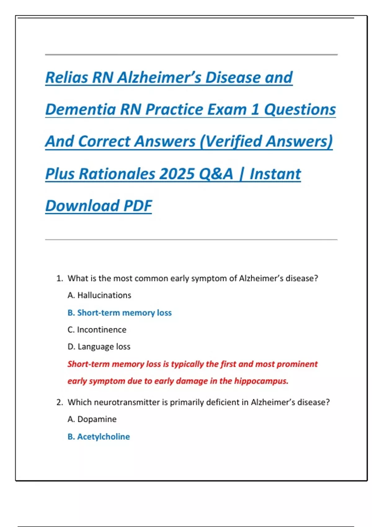 Relias RN Alzheimer’s Disease and Dementia RN Practice Exam 1 Questions And Correct Answers ...