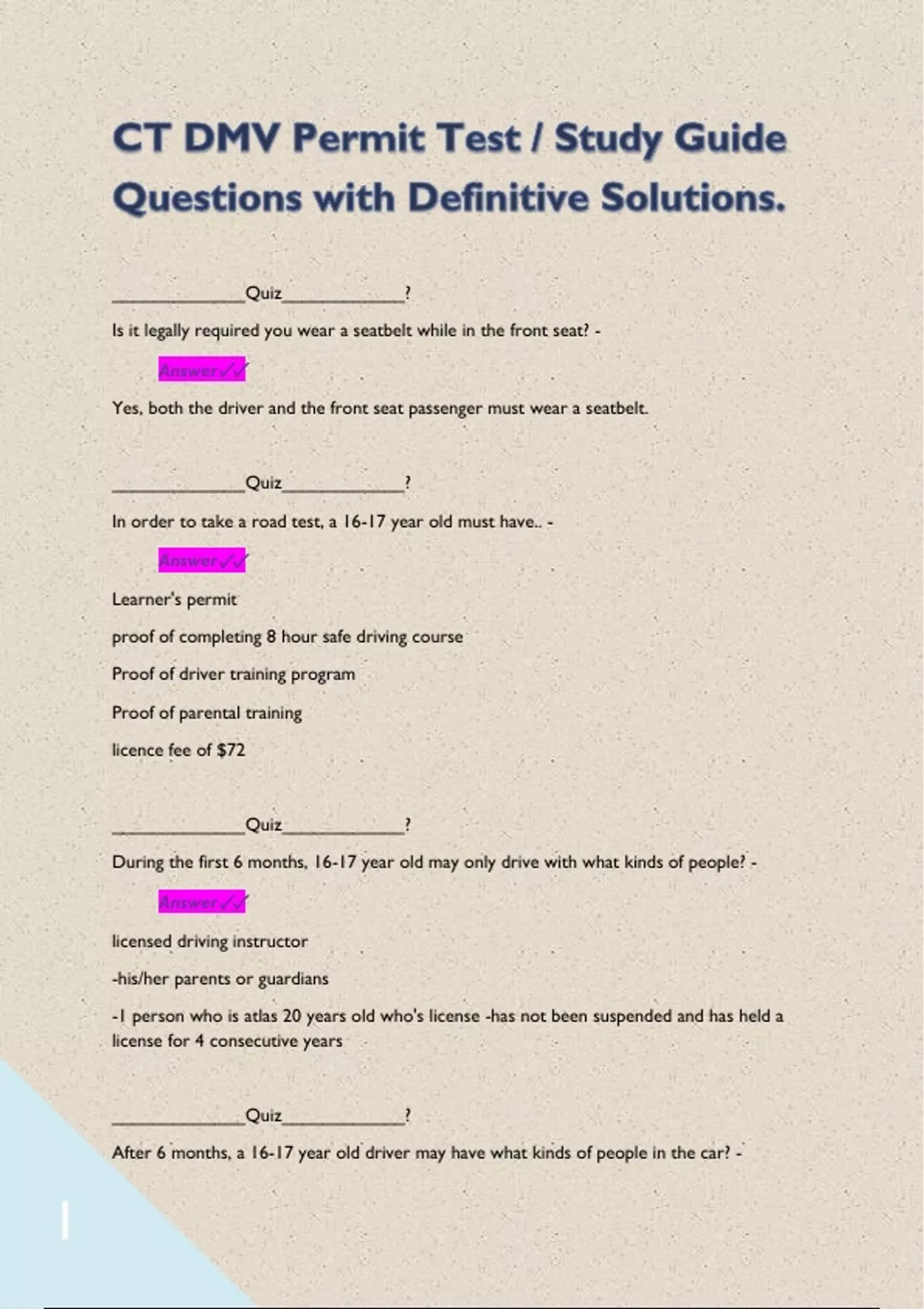 Ct Permit Test Study Guide CT DMV Permit Test / Study Guide Questions with Definitive Solutions ...