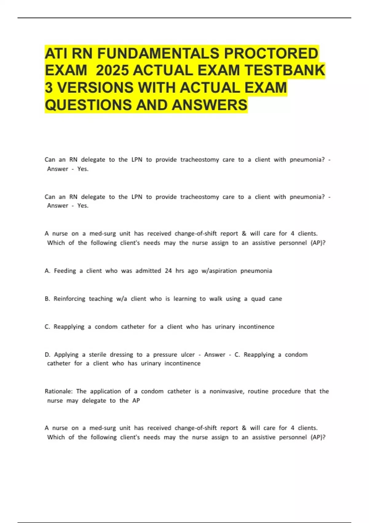 ATI RN FUNDAMENTALS PROCTORED EXAM 2025 ACTUAL EXAM TESTBANK 3 VERSIONS ...