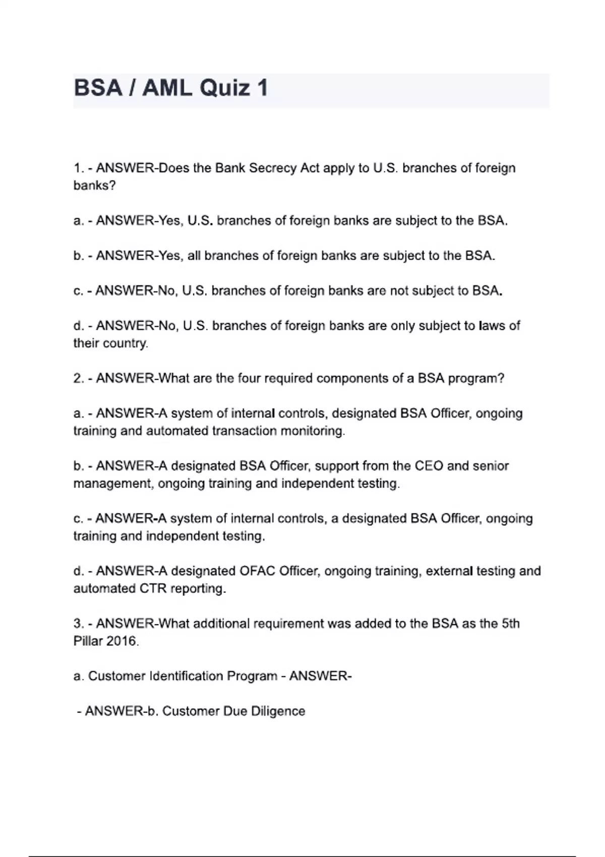 BSA -AML Questions and answers - BSA/AML Assessment - Stuvia US