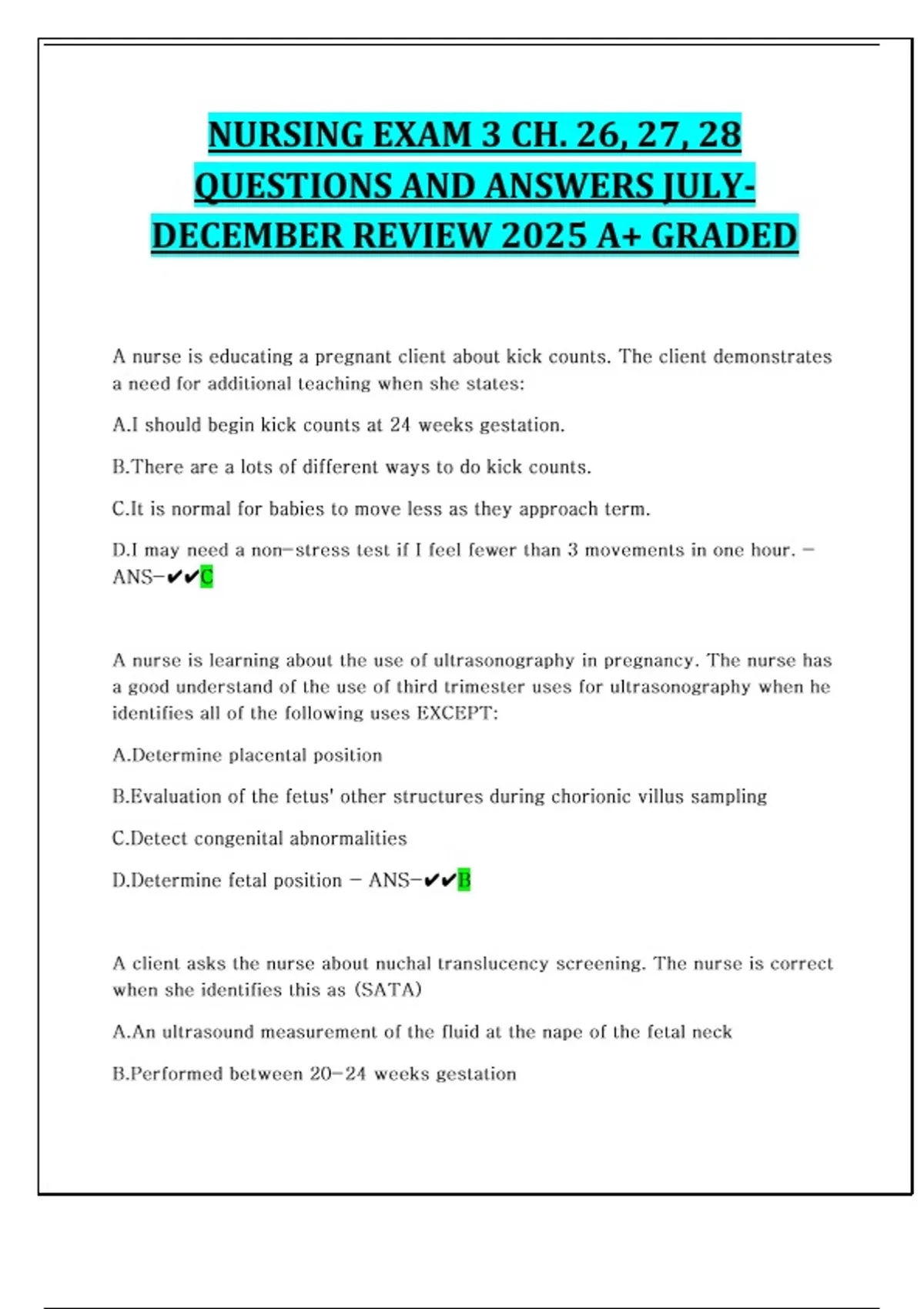NURSING EXAM 3 CH. 26, 27, 28 QUESTIONS AND ANSWERS JULY-DECEMBER ...
