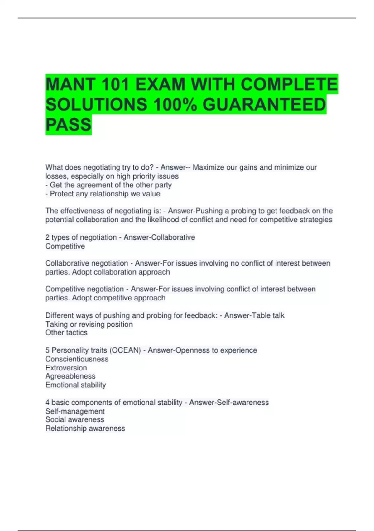 MANT 101 EXAM WITH COMPLETE SOLUTIONS 100% GUARANTEED PASS - MANT 101 ...