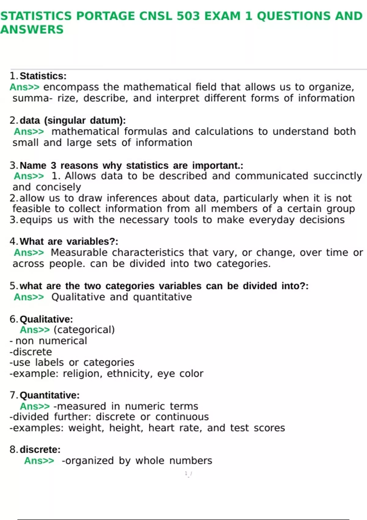 Statistics Portage CNSL 503 Exam 1 Questions and Answers - STAT 503 ...