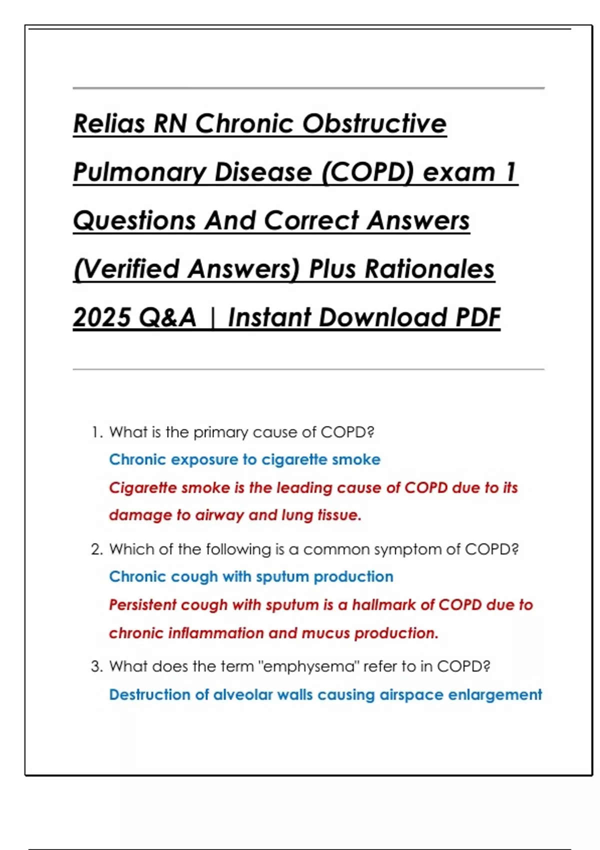 Relias RN Chronic Obstructive Pulmonary Disease (COPD) exam 1 Questions ...