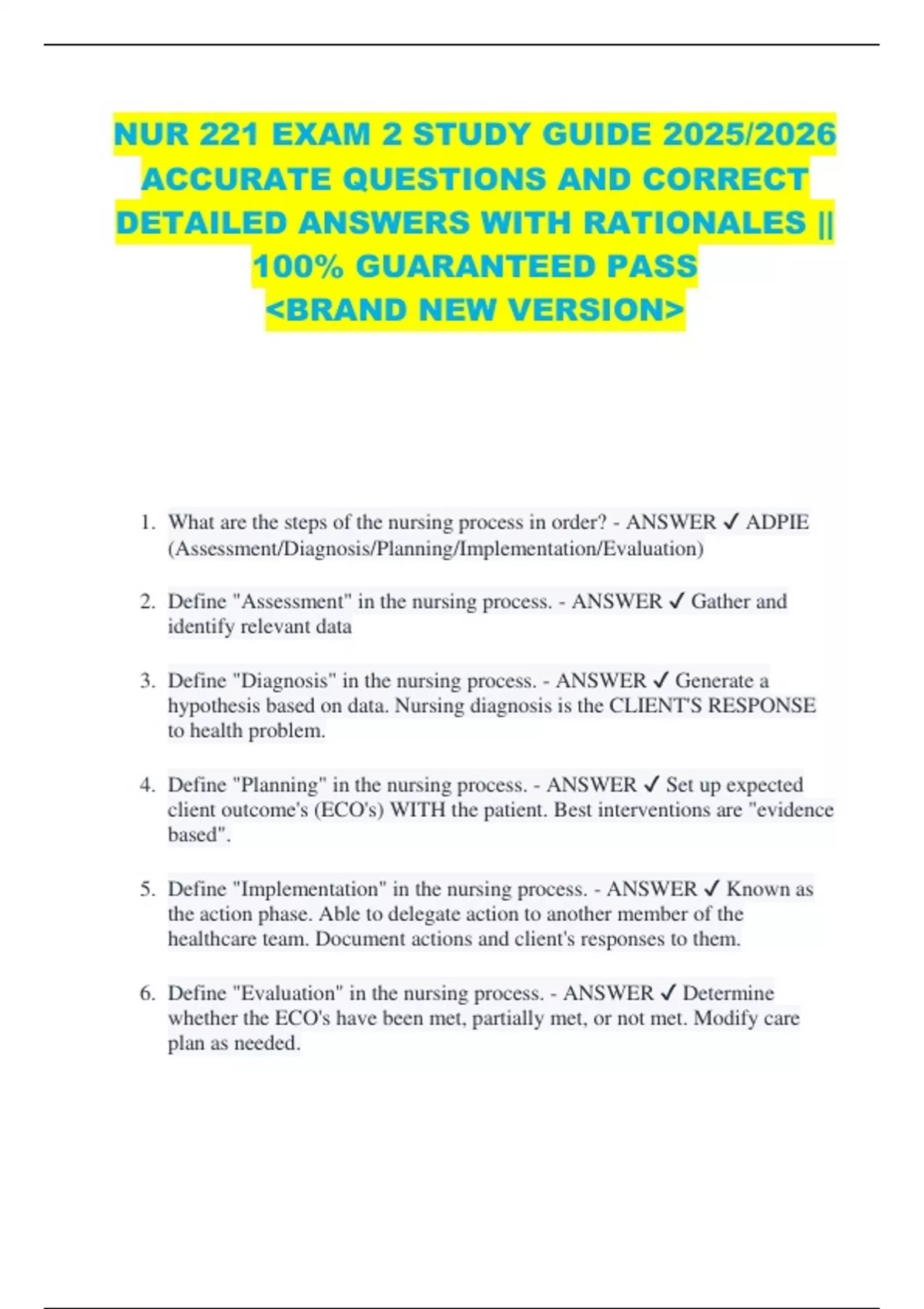 NUR 221 EXAM 2 STUDY GUIDE 2025/2026 ACCURATE QUESTIONS AND CORRECT ...