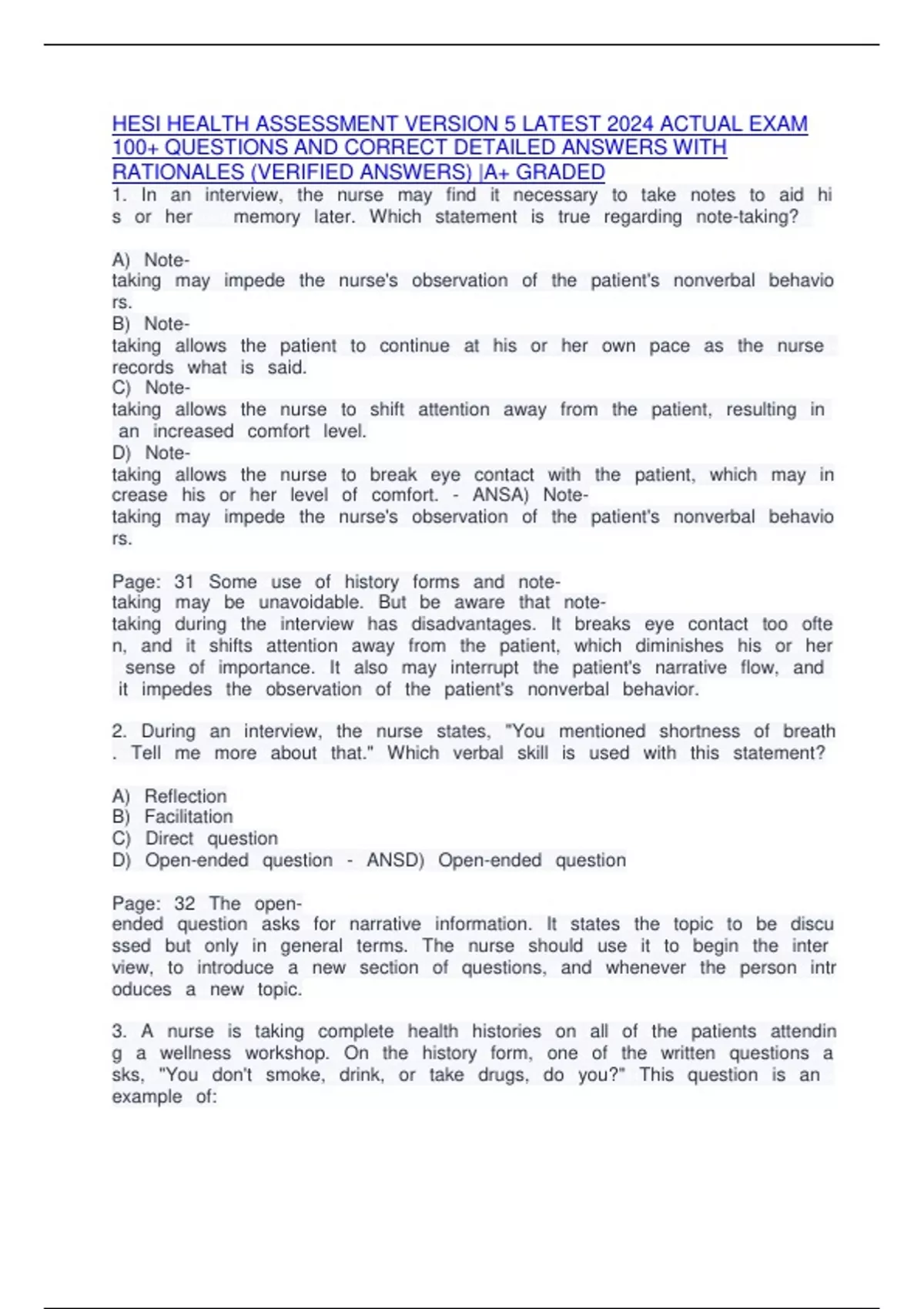 HESI HEALTH ASSESSMENT VERSION 5 LATEST 2024 ACTUAL EXAM 100+ QUESTIONS ...