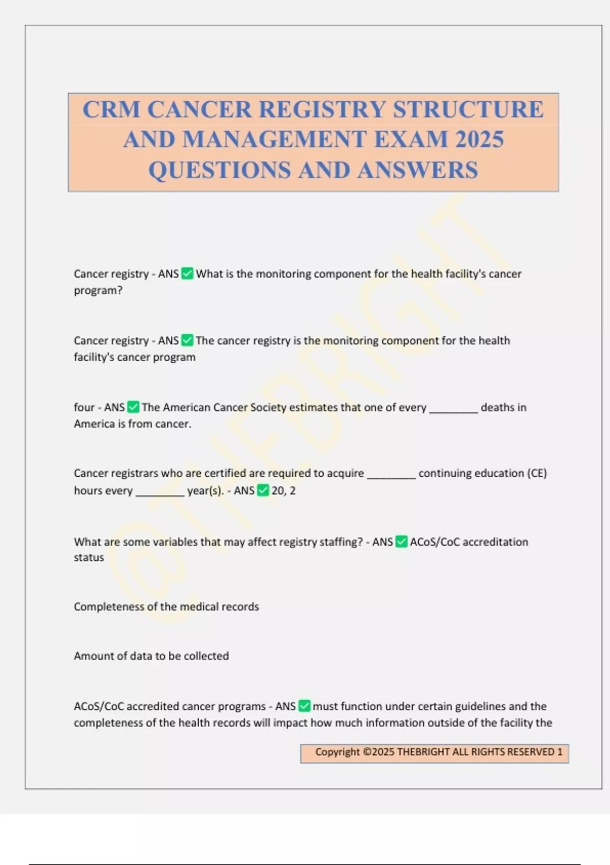 Cancer Database Questions CRM CANCER REGISTRY STRUCTURE AND MANAGEMENT EXAM 2025 QUESTIONS AND ...