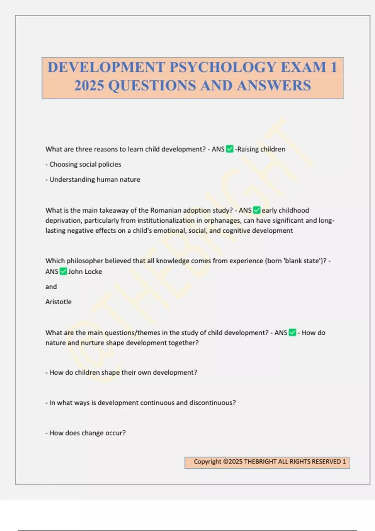 DEVELOPMENT PSYCHOLOGY EXAM 1 2025 QUESTIONS AND ANSWERS - DEVELOPMENT ...