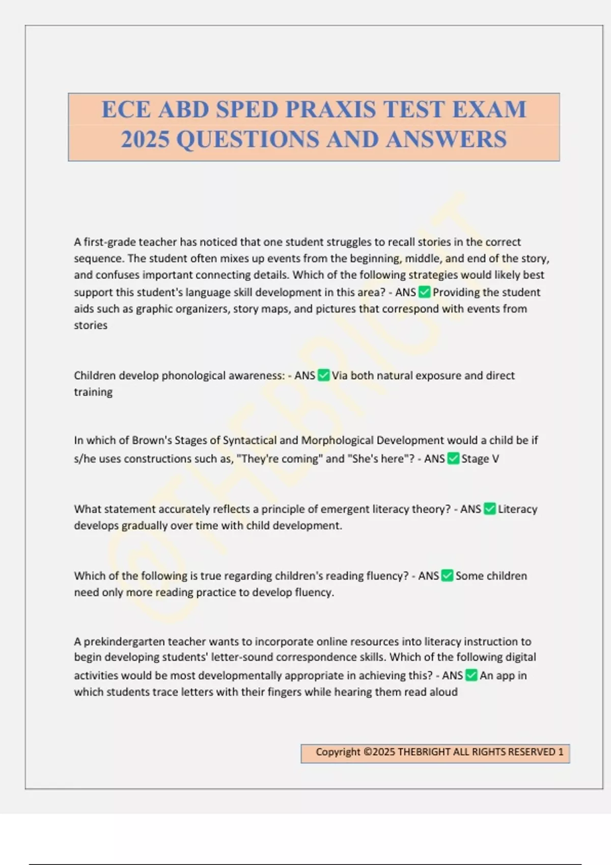 Sped Example Test ECE ABD SPED PRAXIS TEST EXAM 2025 QUESTIONS AND ANSWERS - ECE ABD SPED ...