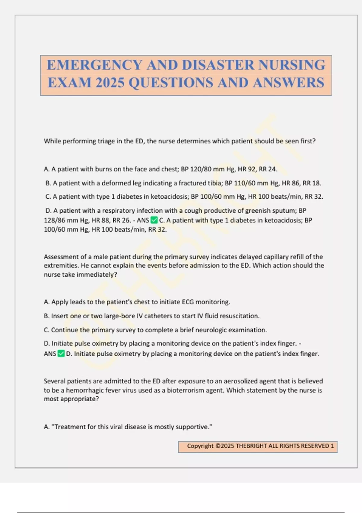 EMERGENCY AND DISASTER NURSING EXAM 2025 QUESTIONS AND ANSWERS ...