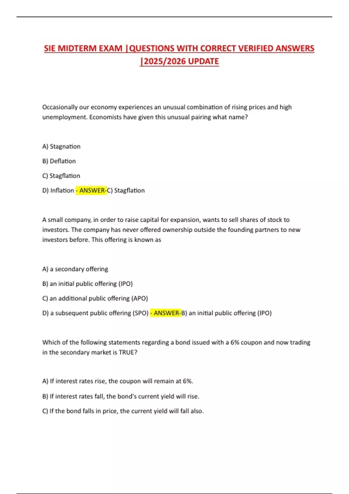 SIE MIDTERM EXAM |QUESTIONS WITH CORRECT VERIFIED ANSWERS |2025/2026 ...