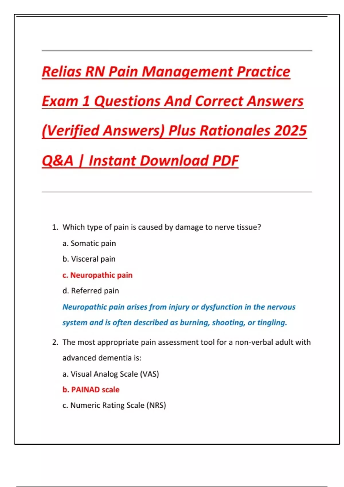 Relias RN Pain Management Practice Exam 1 Questions And Correct Answers ...