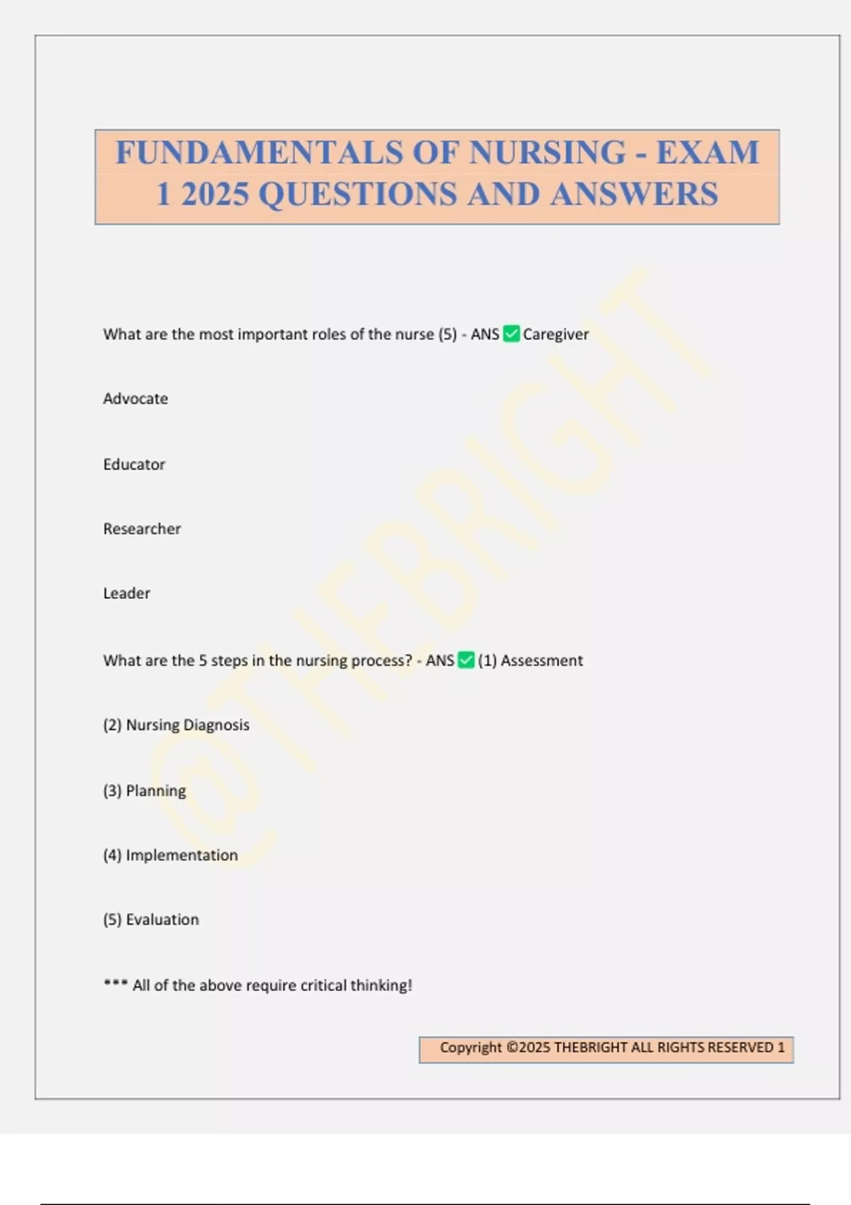 FUNDAMENTALS OF NURSING - EXAM 1 2025 QUESTIONS AND ANSWERS ...