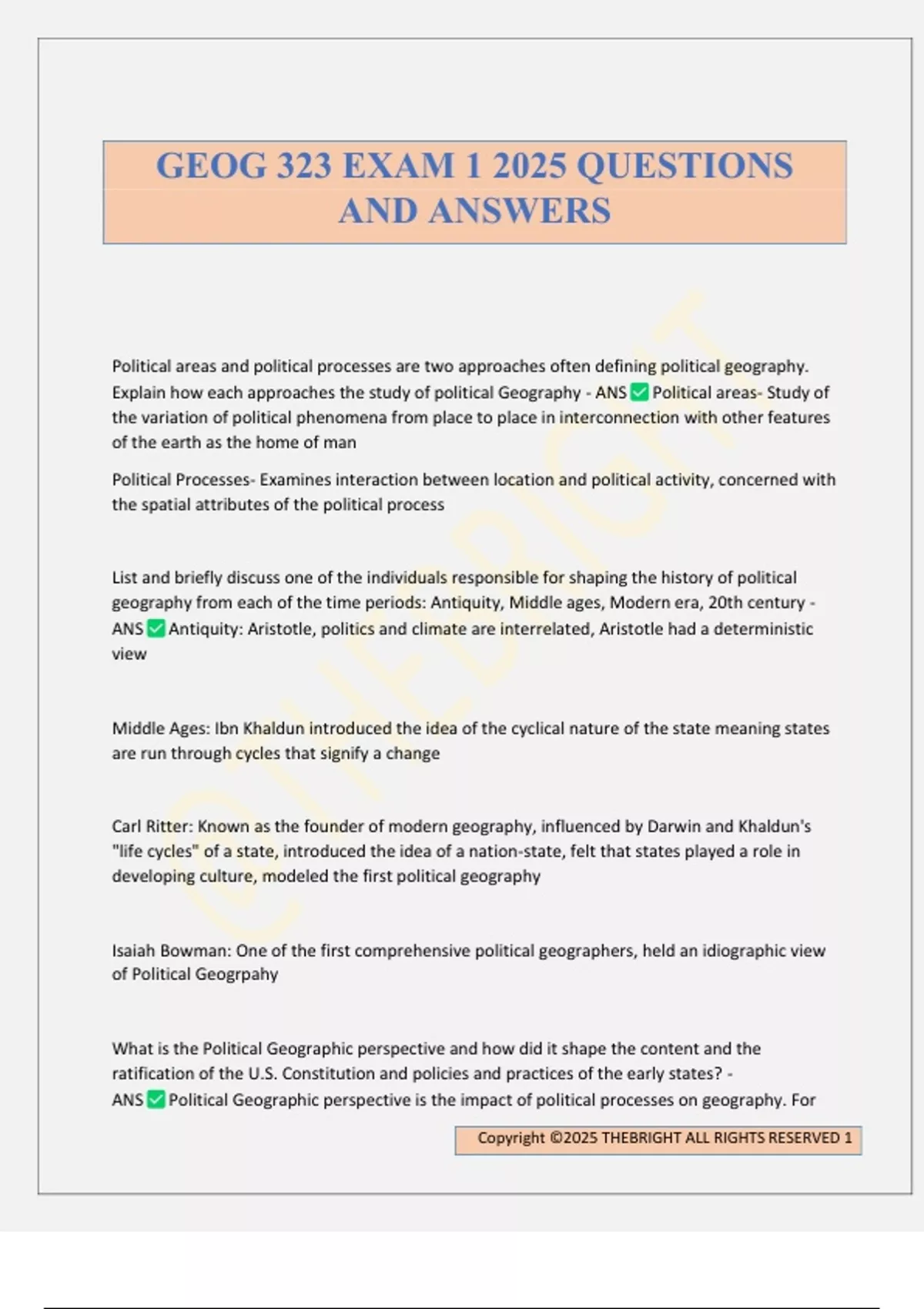 GEOG 323 EXAM 1 2025 QUESTIONS AND ANSWERS - GEOG 323 - Stuvia US