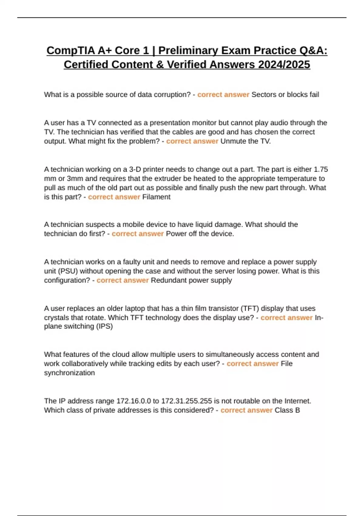 CompTIA A+ Core 1 | Preliminary Exam Practice Q&A: Certified Content ...