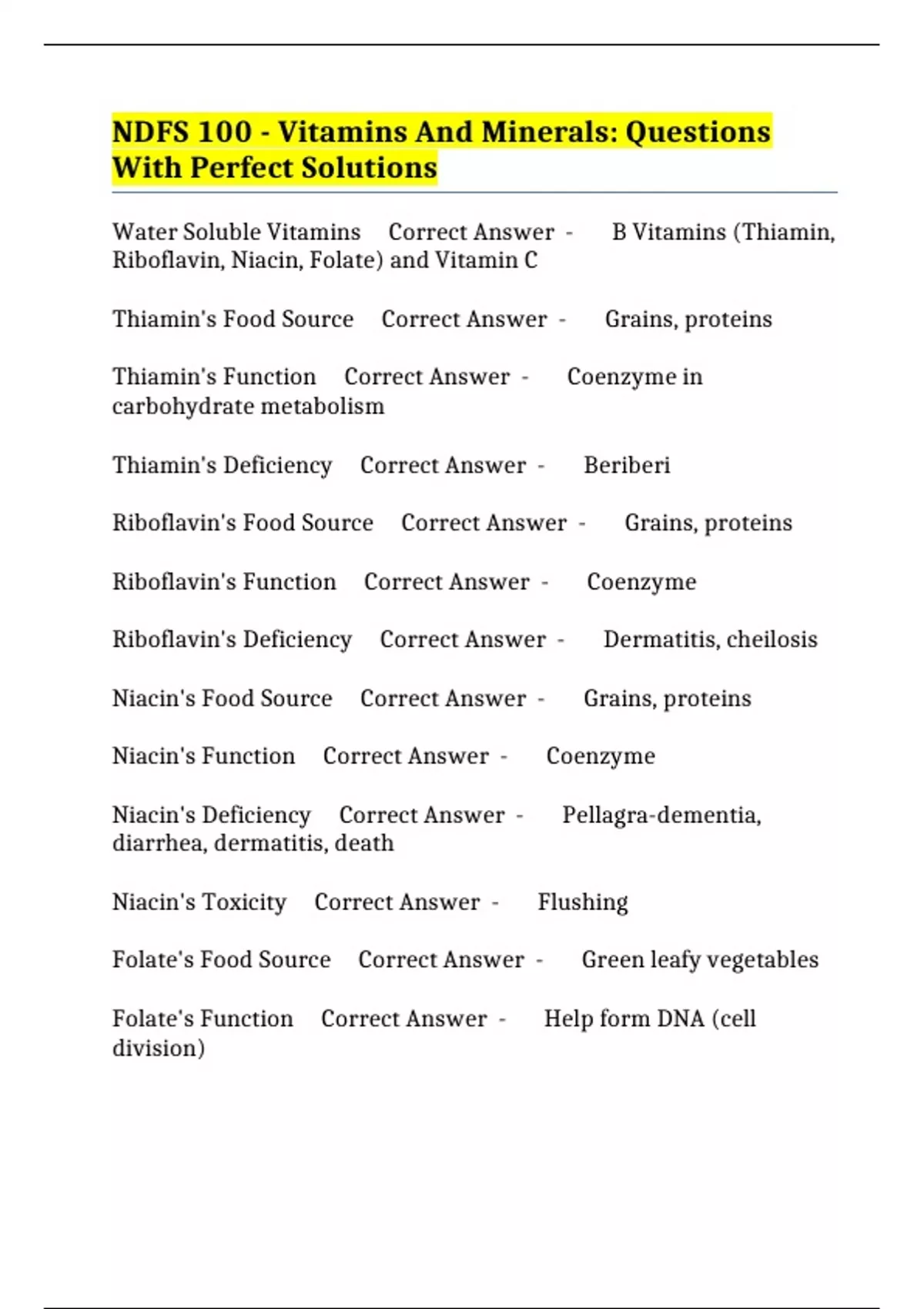 NDFS 100 - Vitamins And Minerals: Questions With Perfect Solutions ...