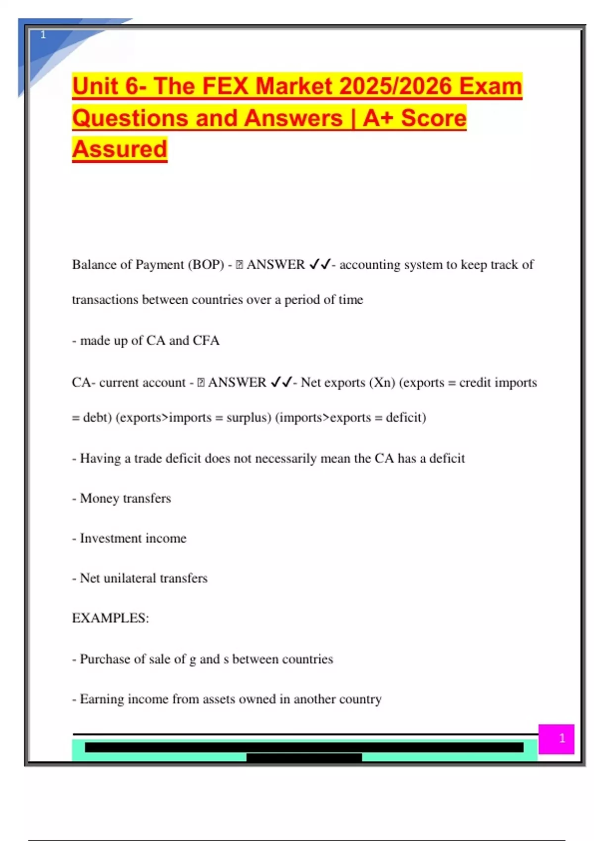 Unit 6- The FEX Market 2025/2026 Exam Questions and Answers | A+ Score ...