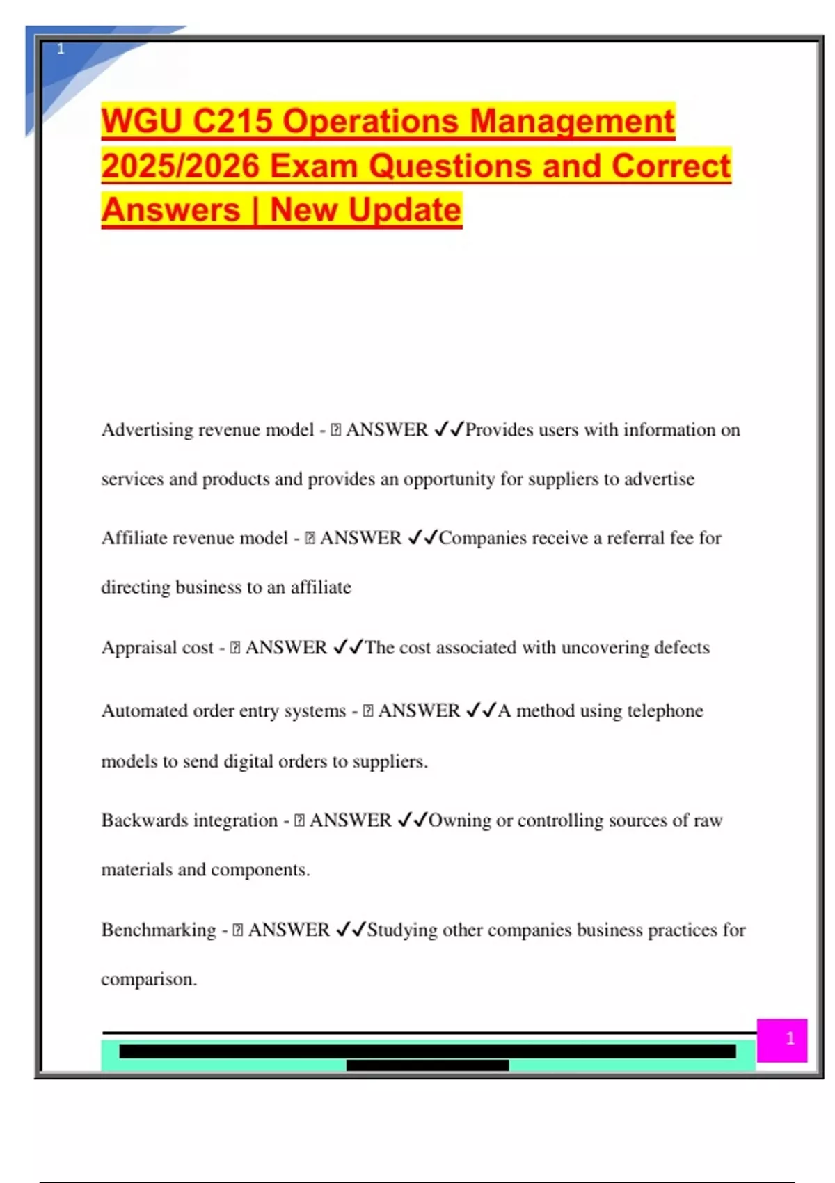 WGU C215 Operations Management 2025/2026 Exam Questions and Correct ...