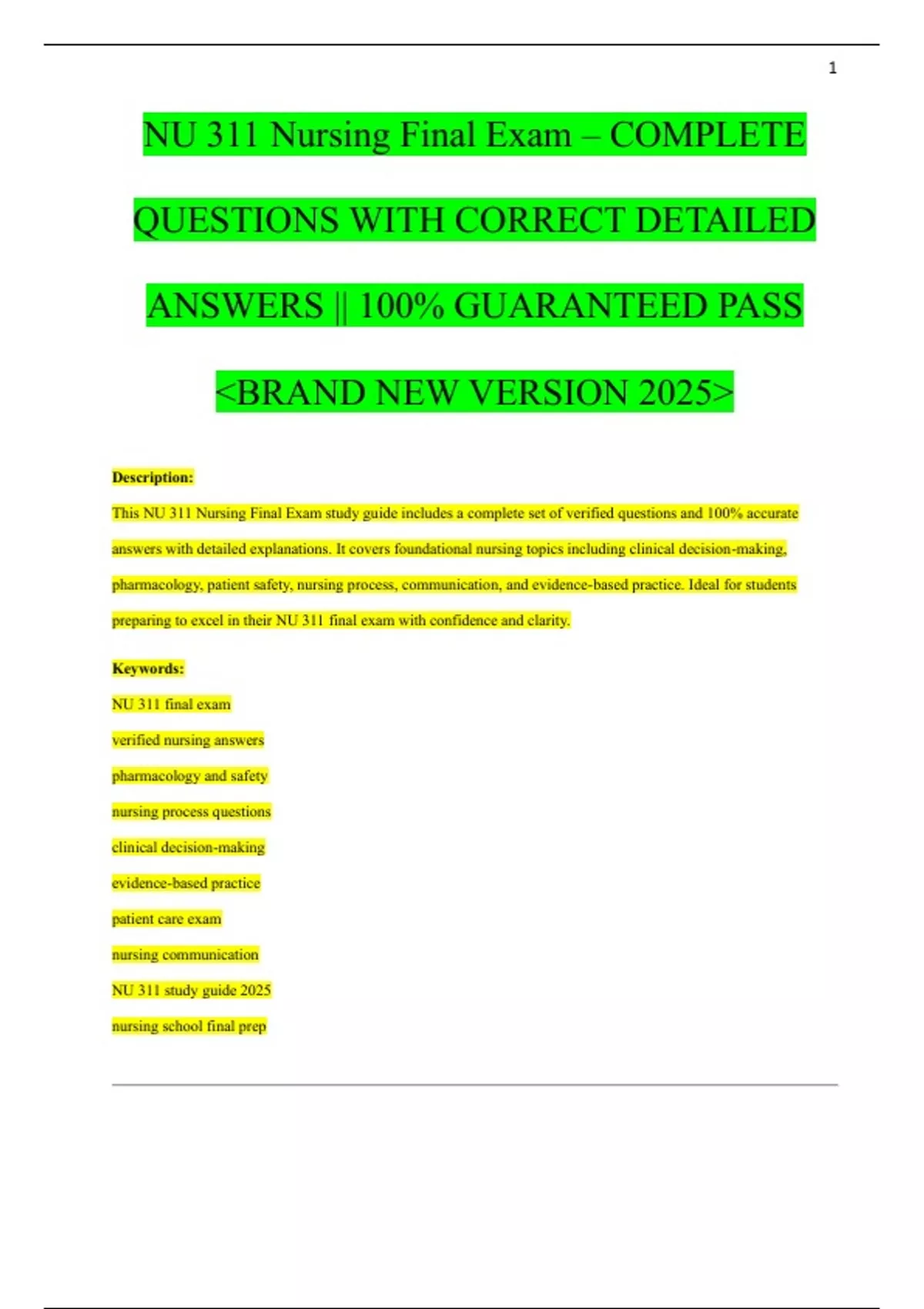 NU 311 Nursing Final Exam – COMPLETE QUESTIONS WITH CORRECT DETAILED ...