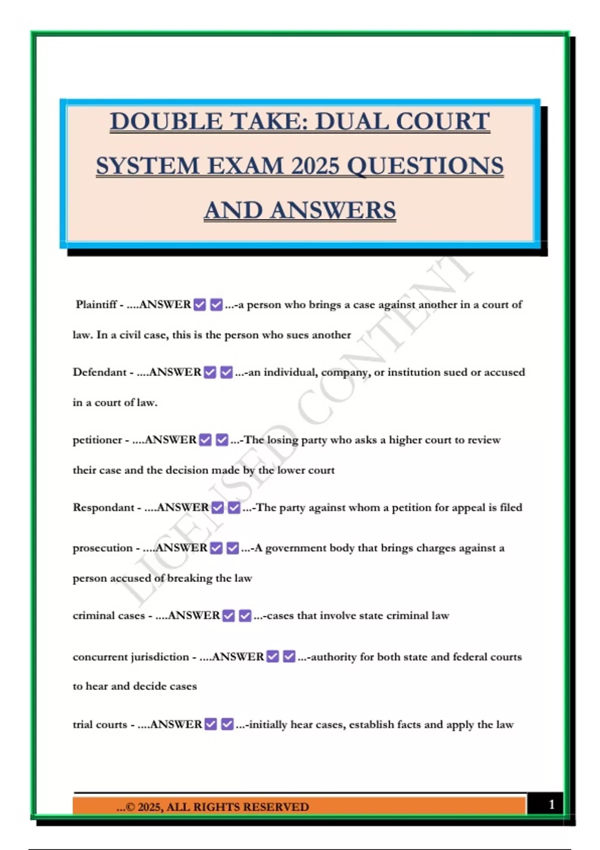 DOUBLE TAKE: DUAL COURT SYSTEM EXAM 2025 QUESTIONS AND ANSWERS - DUAL COURT SYSTEM - Stuvia US