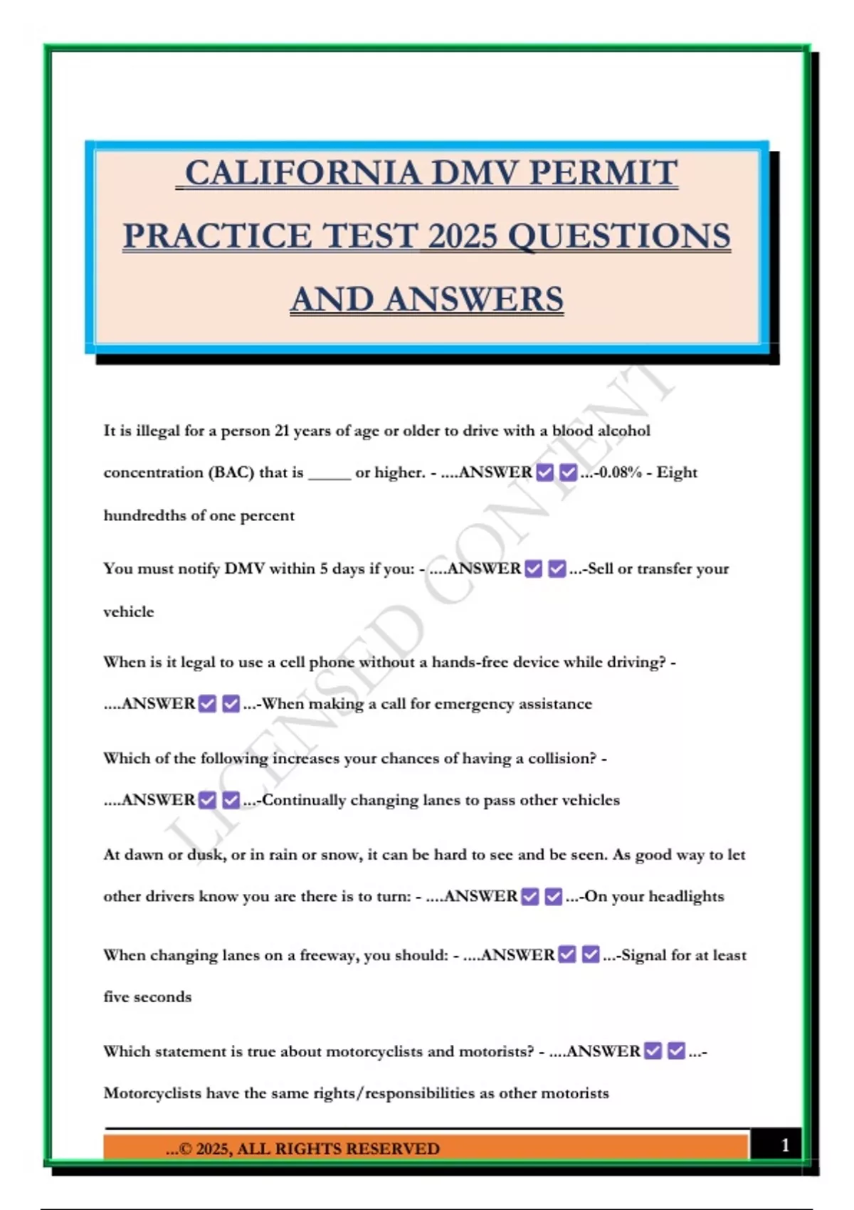 CALIFORNIA DMV PERMIT PRACTICE TEST 2025 QUESTIONS AND ANSWERS - Dmv ...