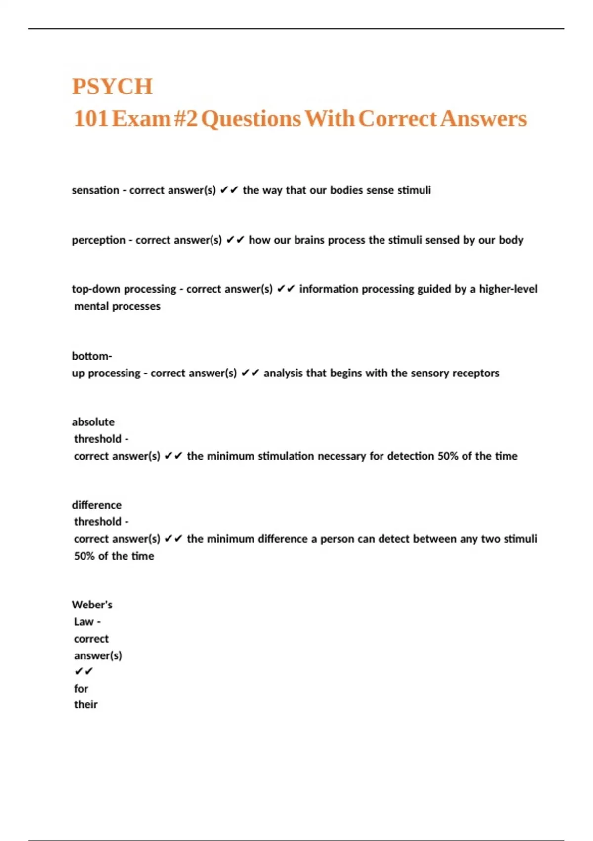 PSYCH 101 Exam -2 Questions With Correct Answers - PSYCH 101 - Stuvia US