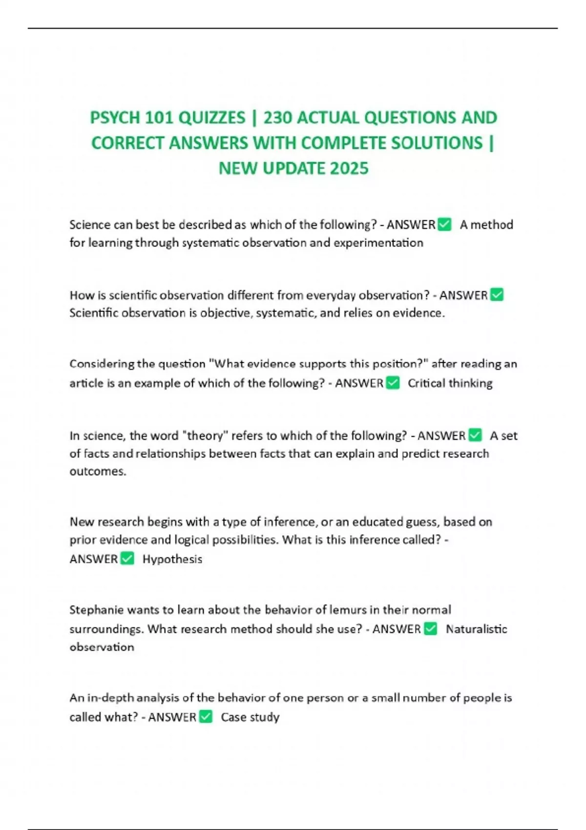 PSYCH 101 QUIZZES | 230 ACTUAL QUESTIONS AND CORRECT ANSWERS WITH ...