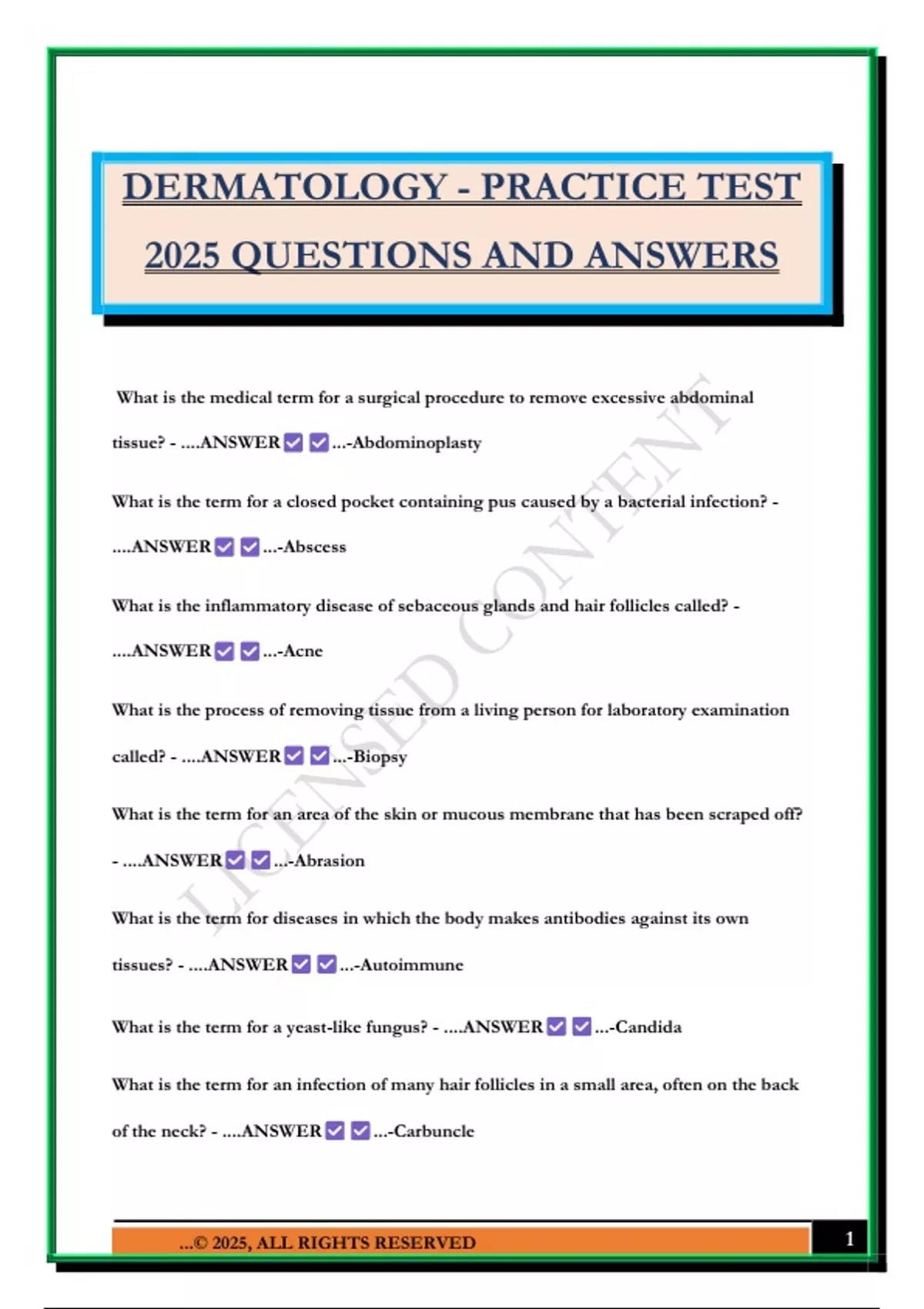 DERMATOLOGY - PRACTICE TEST 2025 QUESTIONS AND ANSWERS - DERMATOLOGY - Stuvia US