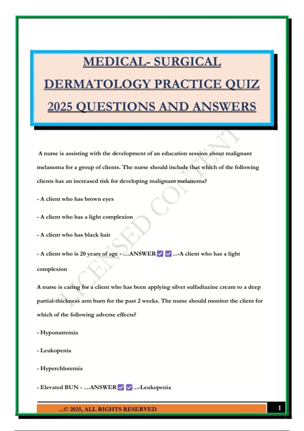 MEDICAL- SURGICAL DERMATOLOGY PRACTICE QUIZ 2025 QUESTIONS AND ANSWERS ...