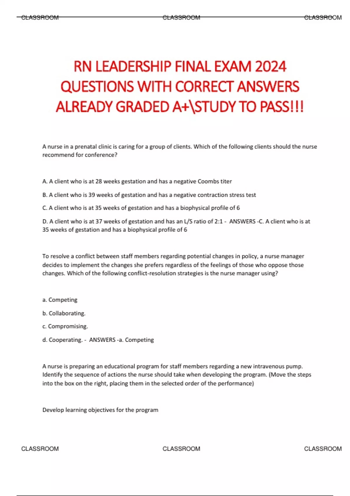 Rn Leadership Final Exam 2024 Questions With Correct Answers Already ...