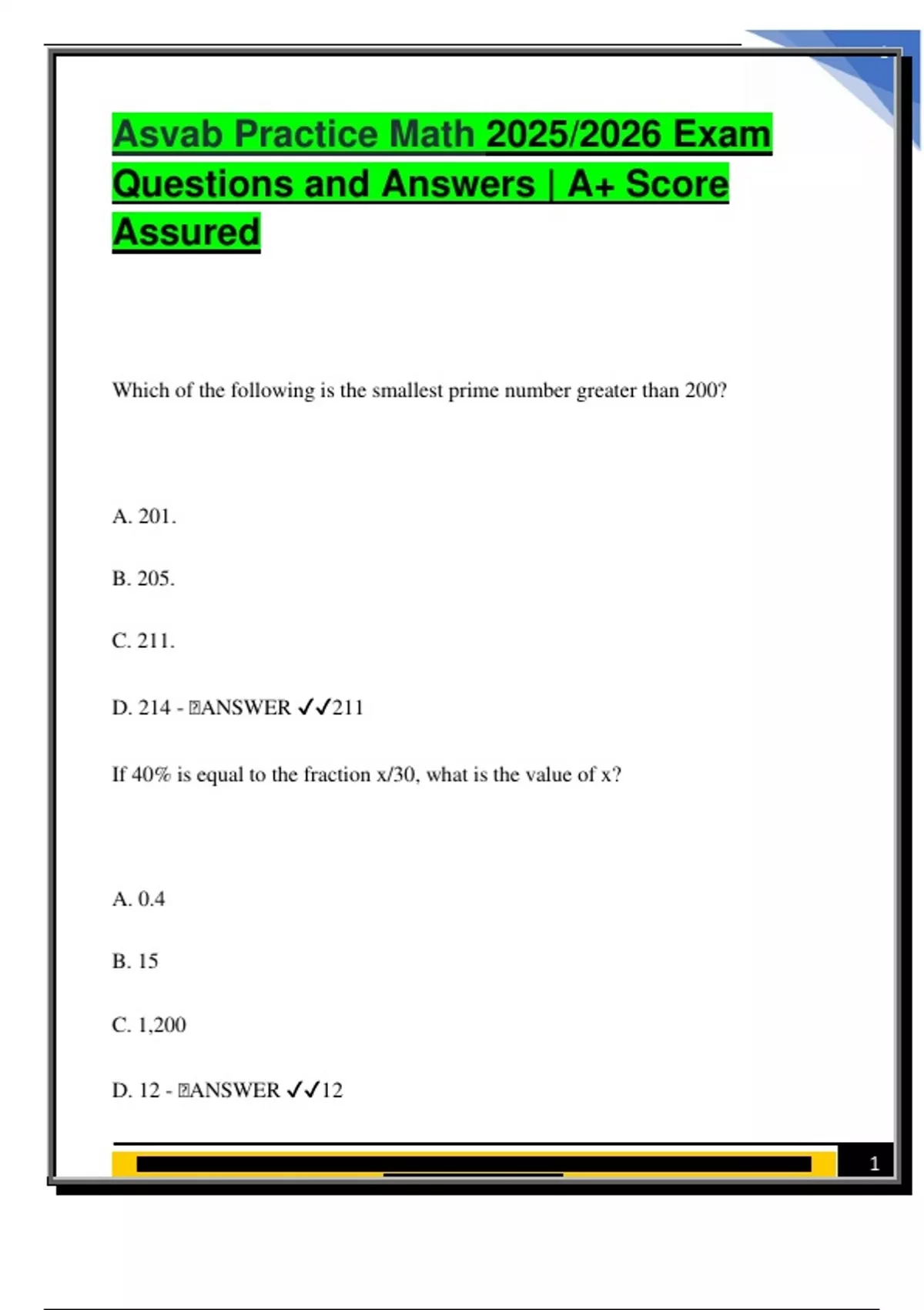 Asvab Practice Math 2025/2026 Exam Questions and Answers | A+ Score ...