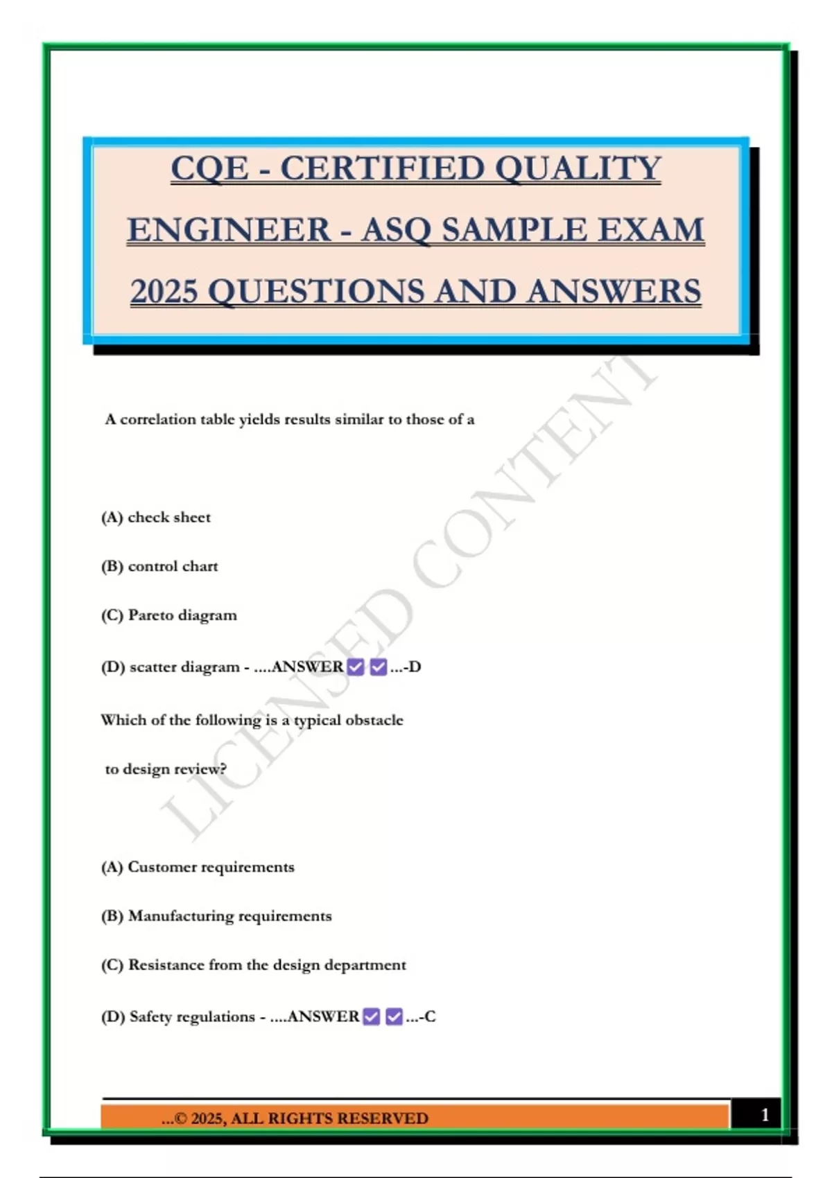 CQE - CERTIFIED QUALITY ENGINEER - ASQ SAMPLE EXAM 2025 QUESTIONS AND ...