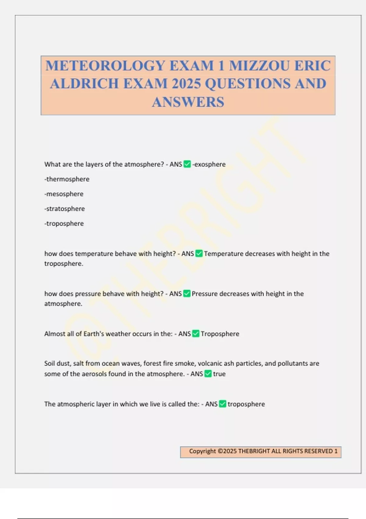 METEOROLOGY EXAM 1 MIZZOU ERIC ALDRICH EXAM 2025 QUESTIONS AND ANSWERS ...