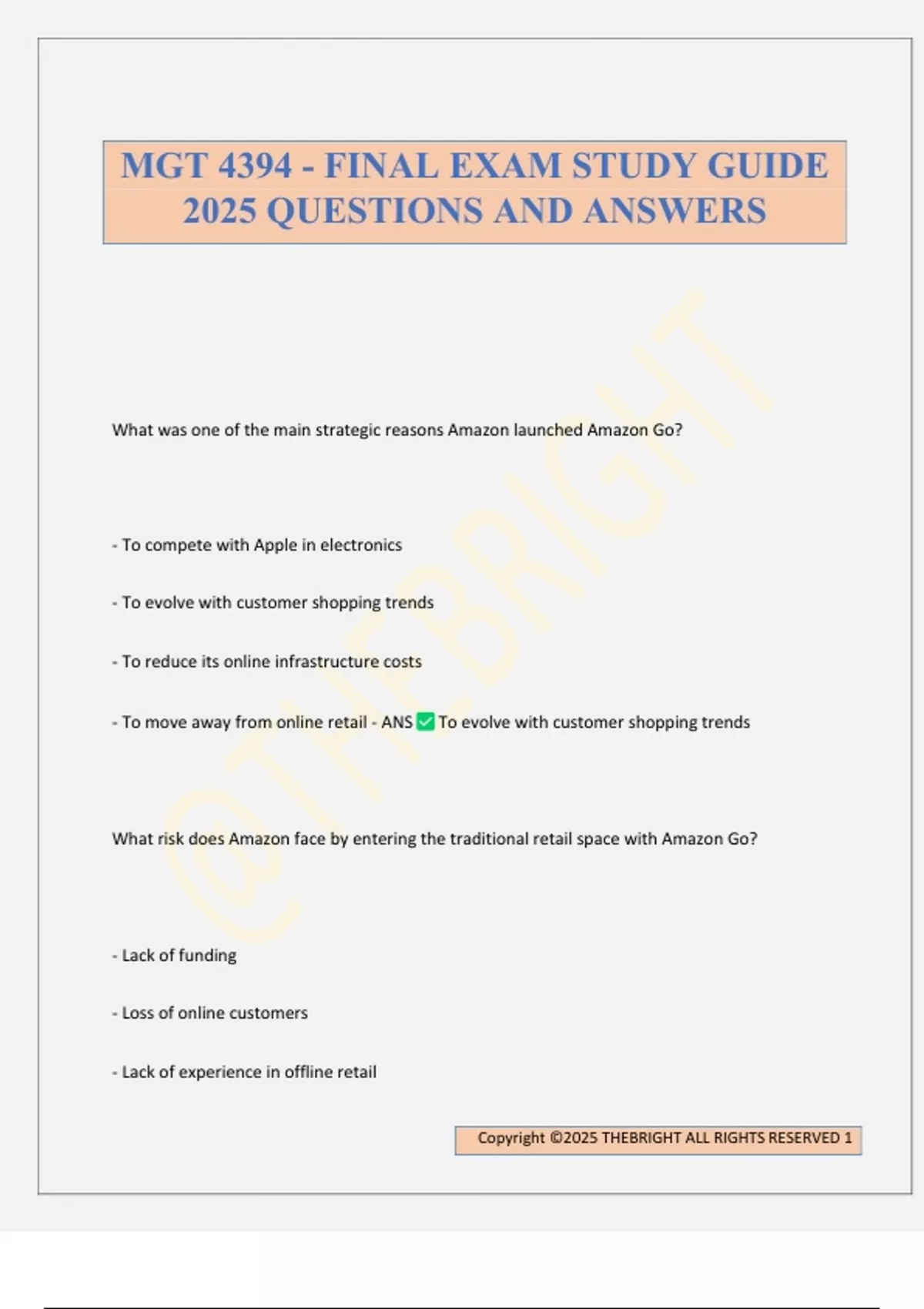 MGT 4394 - FINAL EXAM STUDY GUIDE 2025 QUESTIONS AND ANSWERS - MGT 4394 ...