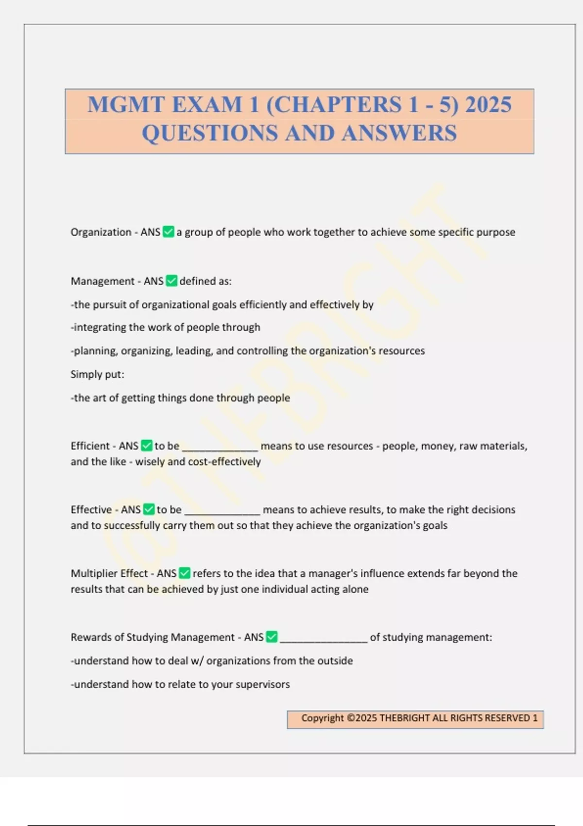 MGMT EXAM 1 (CHAPTERS 1 - 5) 2025 QUESTIONS AND ANSWERS - MGMT - Stuvia US