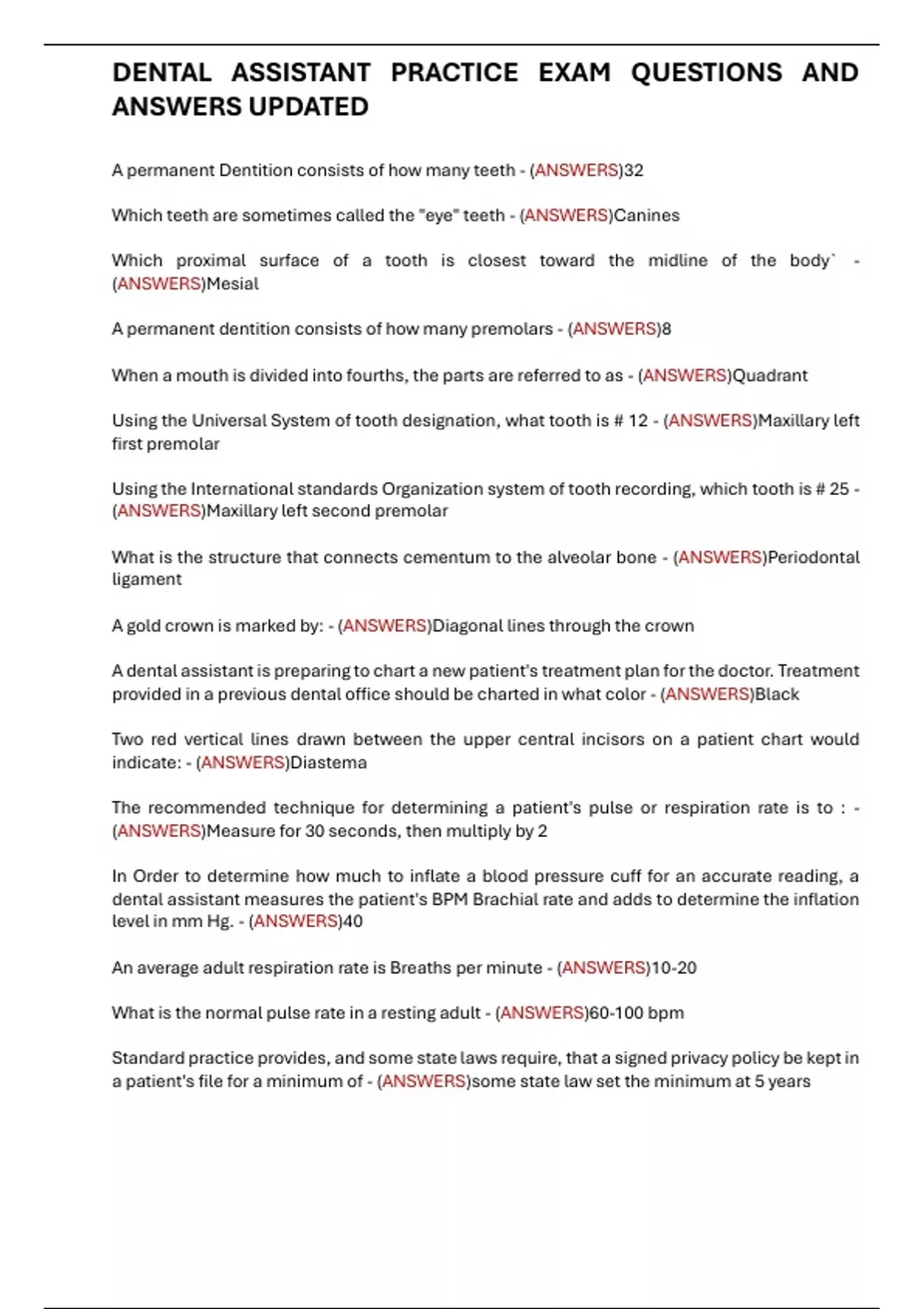 DENTAL ASSISTANT PRACTICE EXAM QUESTIONS AND ANSWERS UPDATED - DAANCE ...