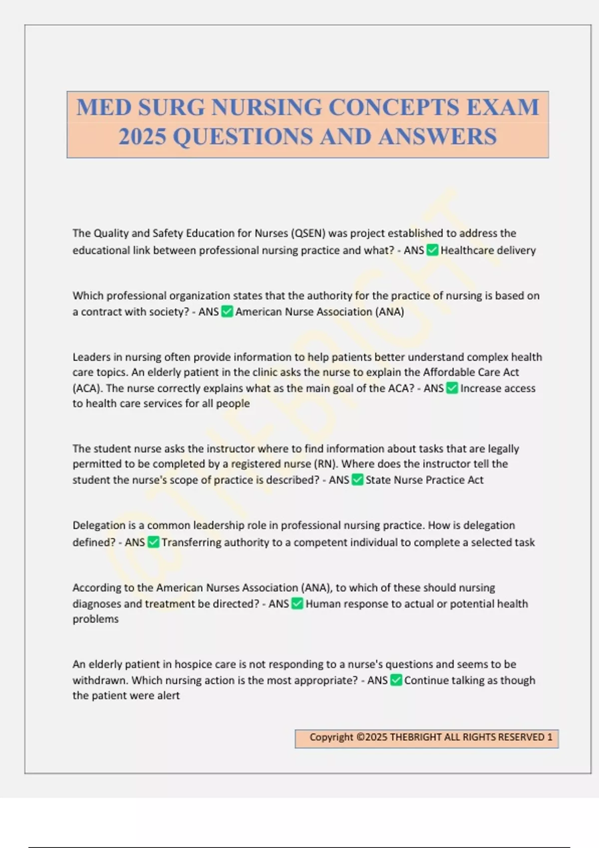 MED SURG NURSING CONCEPTS EXAM 2025 QUESTIONS AND ANSWERS - MEDICAL ...