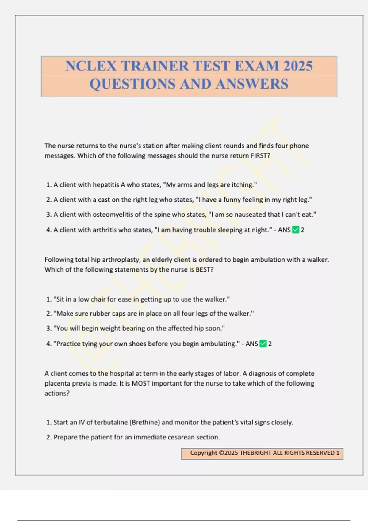 NCLEX TRAINER TEST EXAM 2025 QUESTIONS AND ANSWERS - NCLEX - Stuvia US