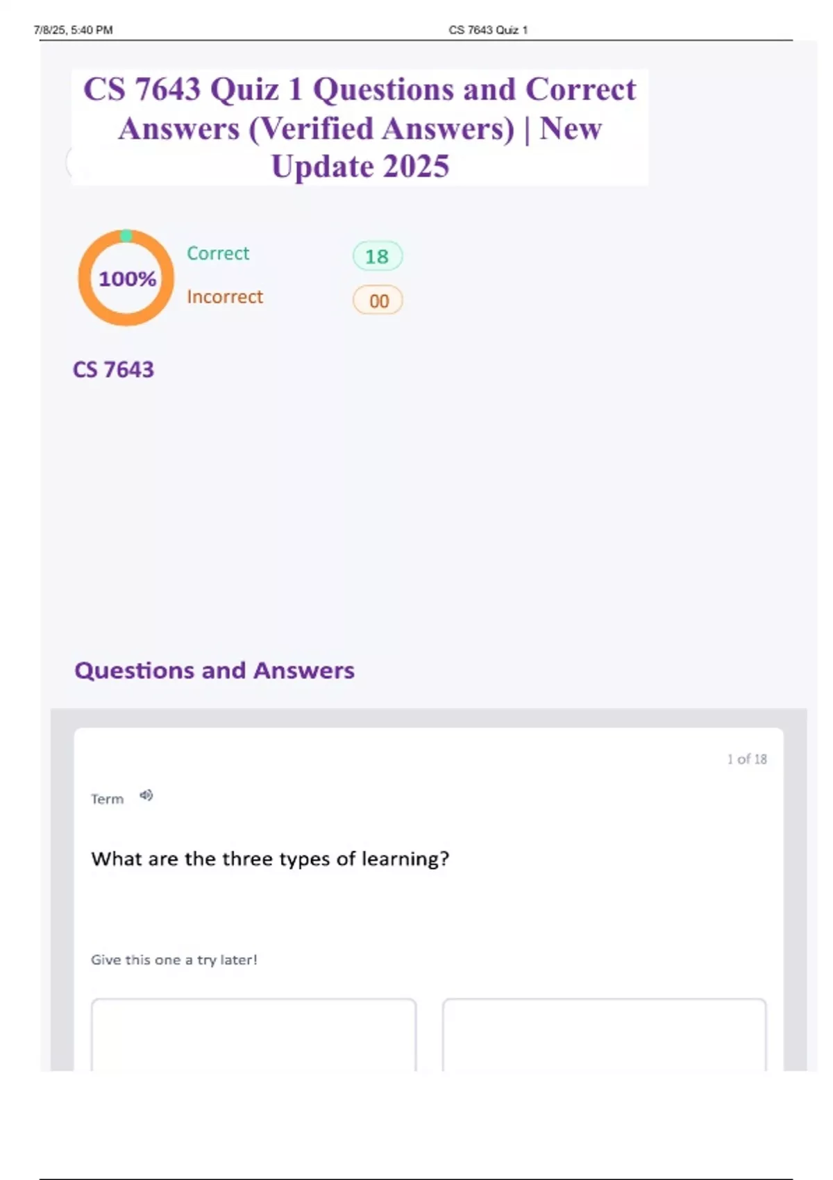 CS 7643 Quiz 1 Questions and Correct Answers (Verified Answers) | New ...