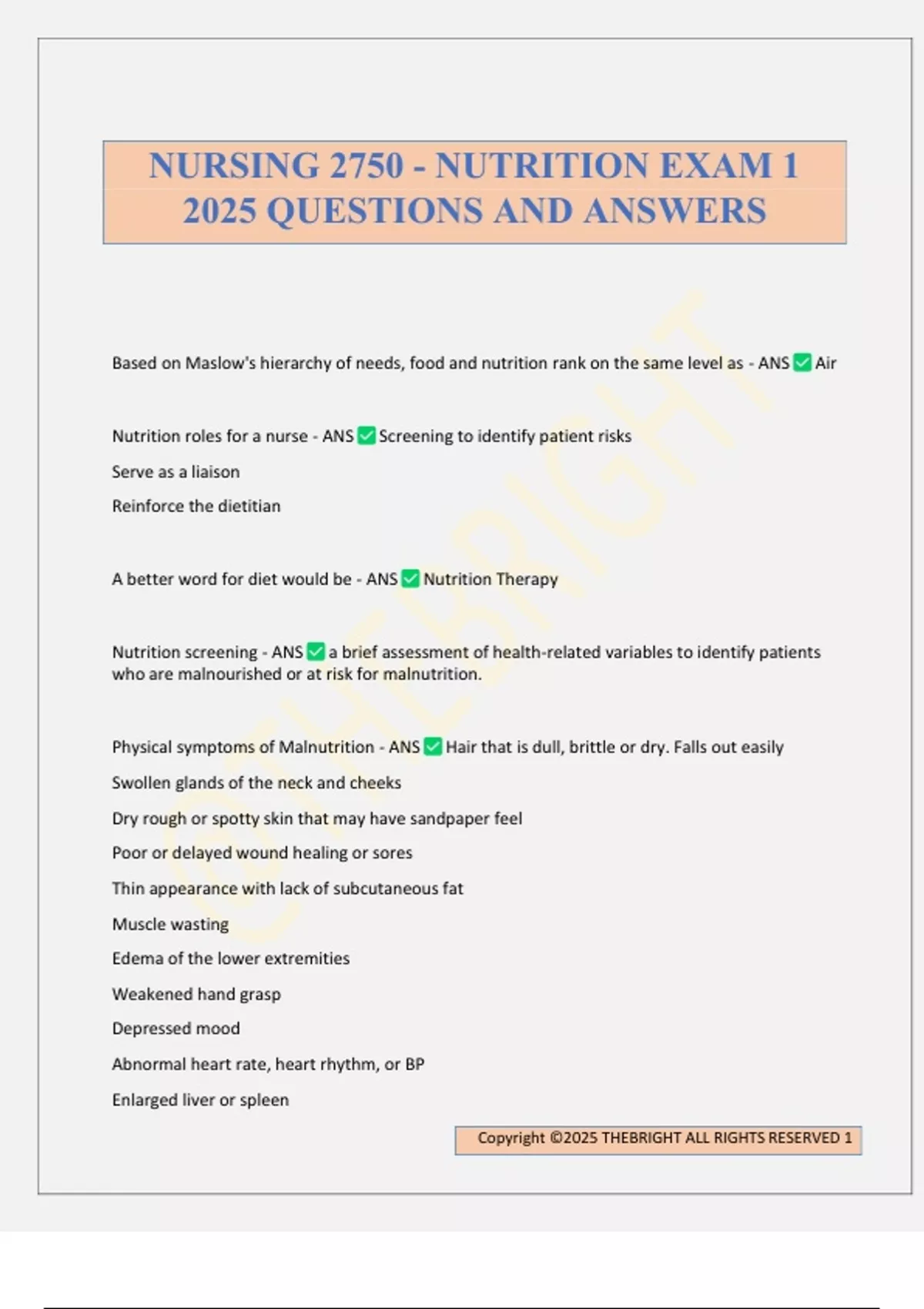 NURSING 2750 - NUTRITION EXAM 1 2025 QUESTIONS AND ANSWERS - NURSING ...